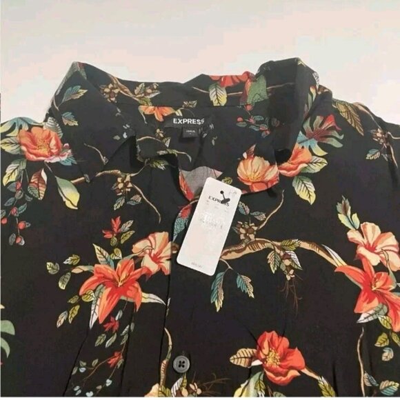 EXPRESS Mens Large Tropical Birds Camp Button Up SS Shirt Black NWT - Picture 3 of 6